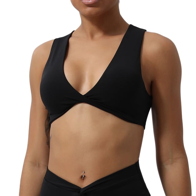 Xfvqtps Sports Bra for Women Racerback Deep V Neck Standard Strap Padded Elastic Breathable Yoga Athletic Exercise Bras Black