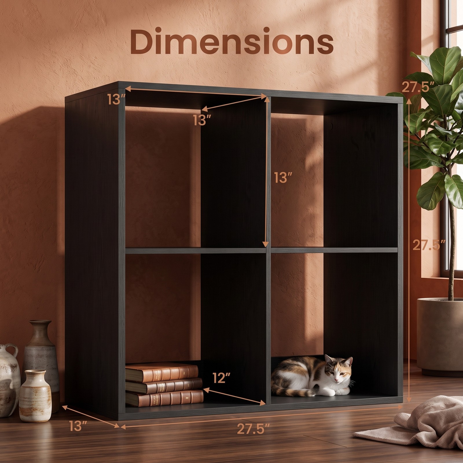 Furnibear 4 Cube Bookshelf, Wood Cube Storage Organizer Bookcase with Back Guardrail and Anti-Tip Kit for Living Room Bedroom Home Office, Black