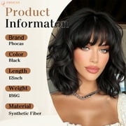 Phocas 12inch Short Bob Wigs for Women - Wavy Synthetic Bob Wig with Bangs, Face Slimming Short Wig, Glueless Wear and Go for Daily or Party (Black)