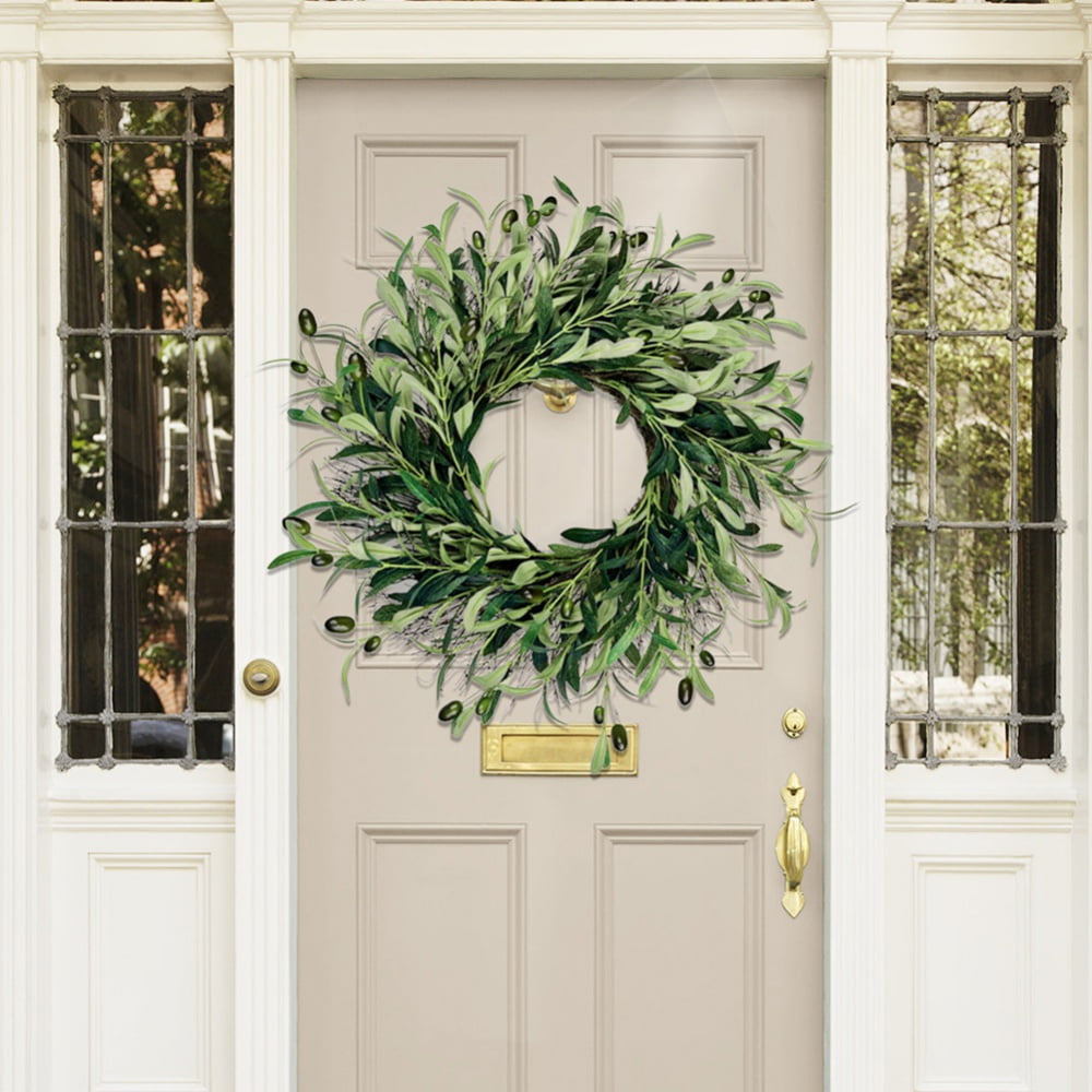 Artificial Olive Leaf Wreath, Leaves Wreath Branch Fruit Faux for Front Door Wall Window Farmhouse Decor, Green, 17.7 in