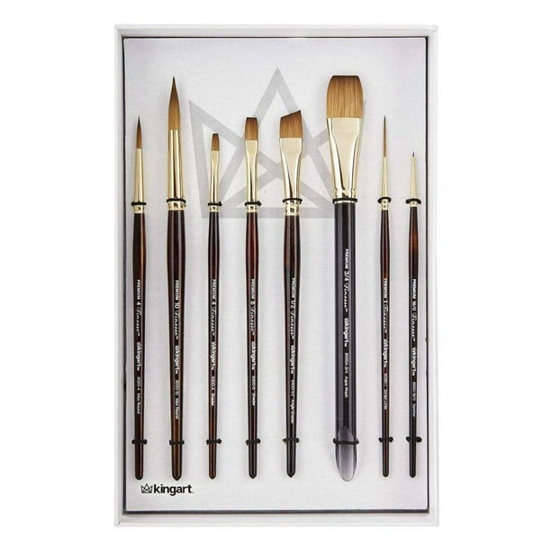 Kingart 1010A Premium 8 Piezas. Finesse Juego De Pinceles Para Artista De Acuarela, Marta Kolinsky Sintética Para Acuarela, Gouache, Pinturas Al Óleo Y Acrílicas, Mango Corto, En Caja De Regalo, Juego