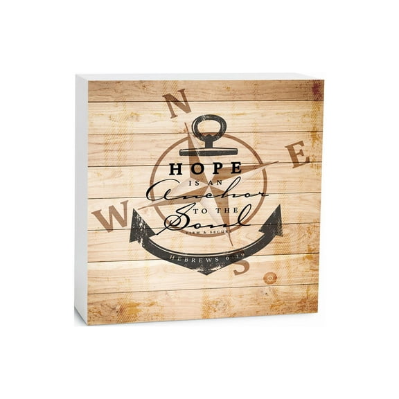 Hope Anchor Soul Tan Woodgrain Compass 5 x 5 Wood Tabletop Sign Plaque