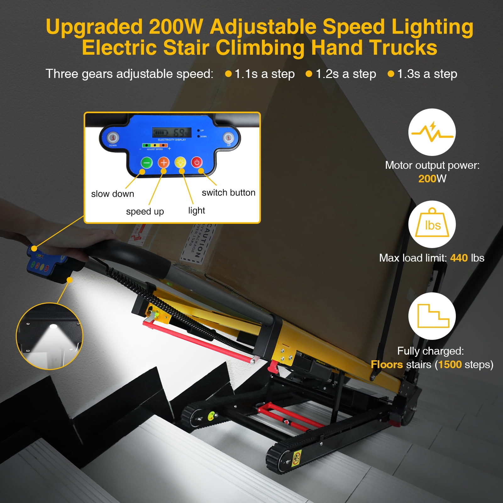 Joreek Electric Stair Climbing Hand Trucks 3 Adjustable Speeds Folding Stair Climbing Dolly Rubber Tracks for Up/Down Stairs 440lbs Max Load