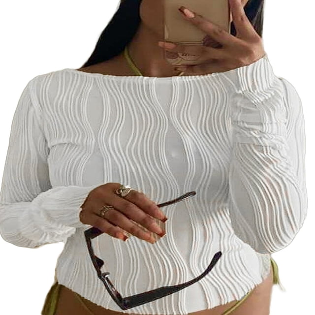 Fée Grunge T-Shirt Vintage Manches Longues Texturé Slim Fit Pull Années 90 Crop Tops Blanc M