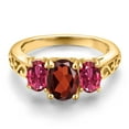 thumbnail image 3 of Gem Stone King 18K Yellow Gold Plated Silver Red Garnet and Pink Tourmaline Filigree Style 3 Stone Ring for Women (2.45 Cttw, Oval 8X6MM and 6X4MM) (Size 8), 3 of 6