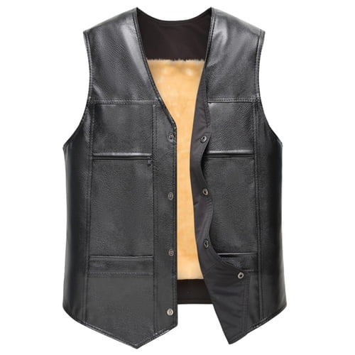 Skymirror Faux Leather Waistcoat Men Motorcycle Vest Coat Warm Autumn Winter Single Breasted V-neck Sleeveless Jacket