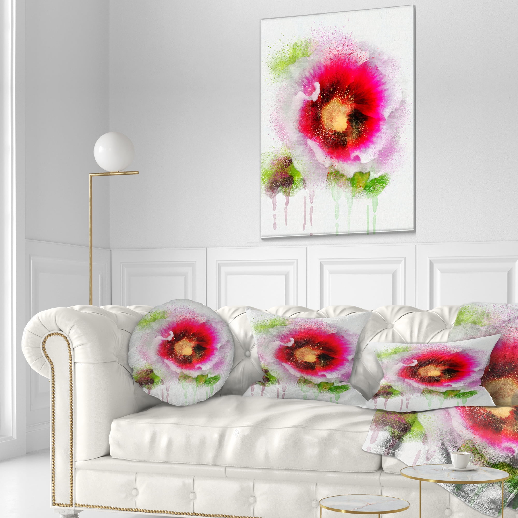 Designart Poppy with Green Watercolor Splashes - Floral Throw Pillow - 12x20