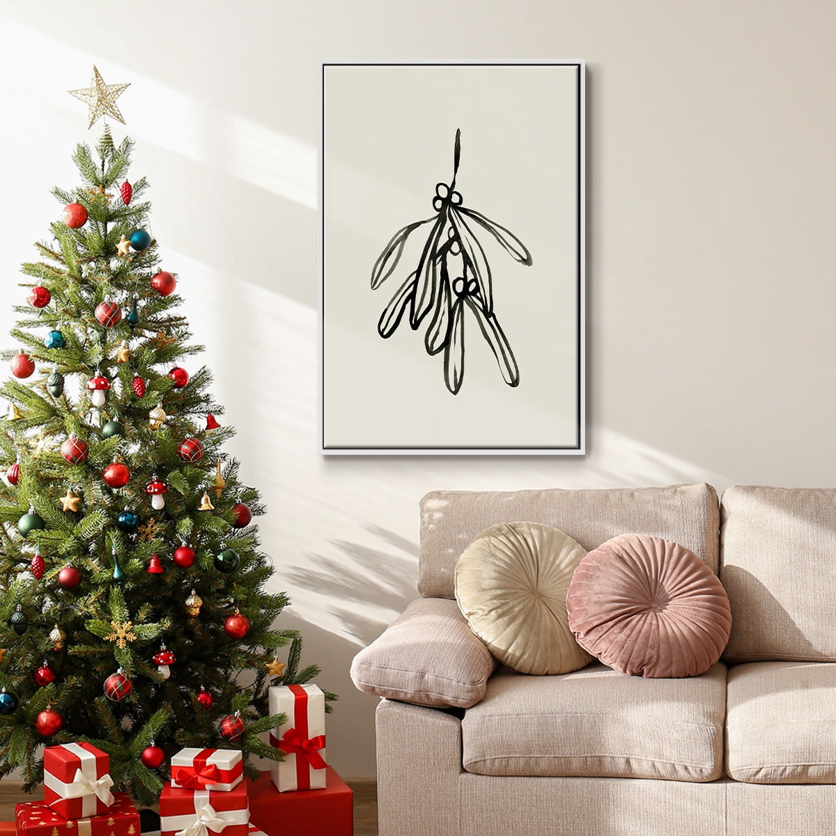 Mistletoe Sketch II - Framed Gallery Wrapped Holiday Canvas - 17 x 25 - White Frame