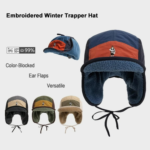 SGFCWSX Trapper Hat Men,Outdoor Cycling Fleece Tie Colorblock Embroidered Thick Tie Hat Navy Free Size