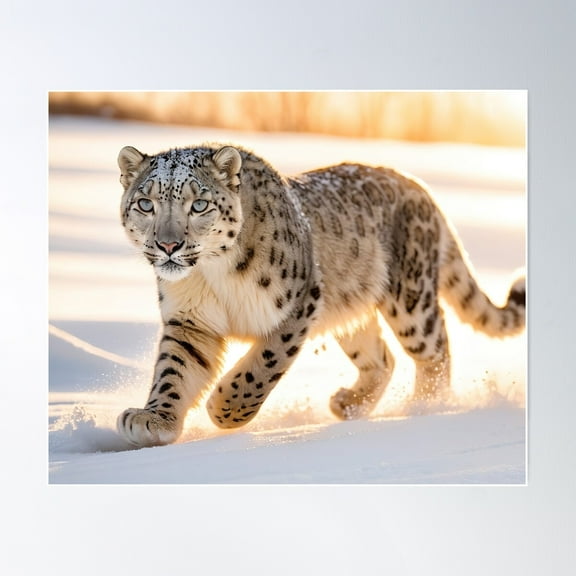 Sunset Majesty: Snow Leopard Prowling In The Snow Poster Wall Art, Modern Wall Decor For Living Room Bedroom, 8x12 UNFRAMED