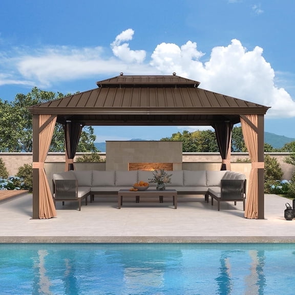 PURPLE LEAF 11' X 15' Outdoor Hardtop Gazebo Patio Wide Aluminum Frame Metal Double Roof with Heavy Duty Netting and Curtains for Permanent Hard Top Pavilion Screen, Khaki
