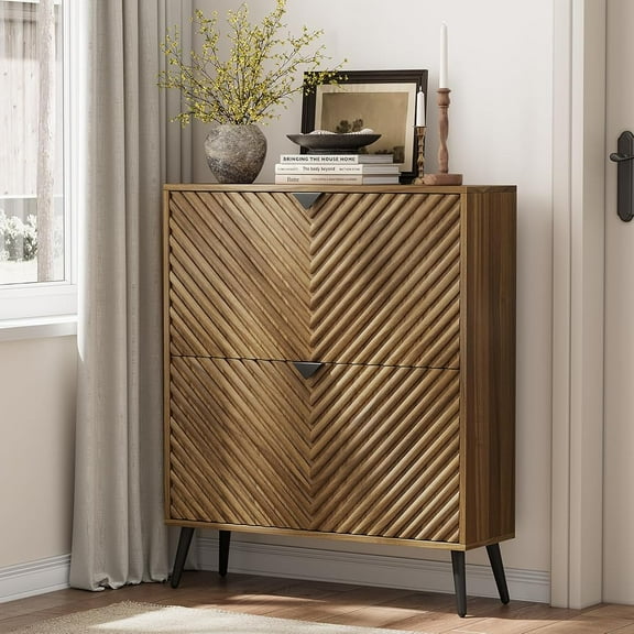 Smuxee Diamond Pattern Shoe Storage Cabinet for Entryway with 2 Flip Drawers,Freestanding Wood Hidden Shoe Organizer with Adjustable Shelves,Walnut 31.5"W
