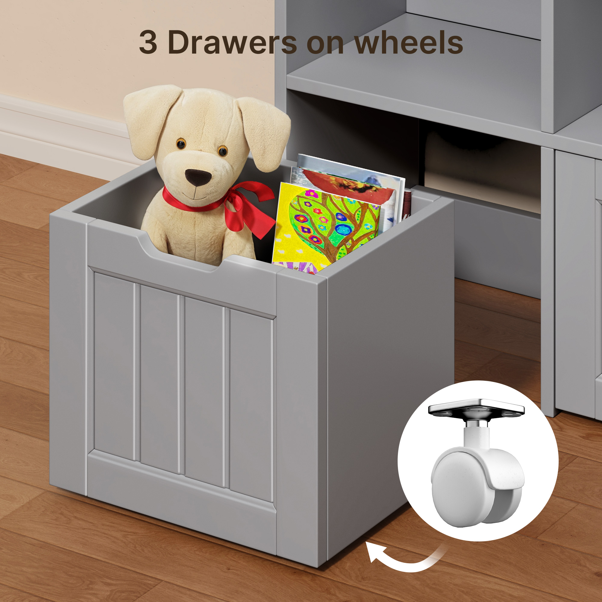 Noelse Toy Storage Cabinet and Kids Bookcase with 3 Movable Drawers and 6 Open Shelves Featuring Fall Prevention Barrier for Playroom Nursery Kids Room Organization, Gray
