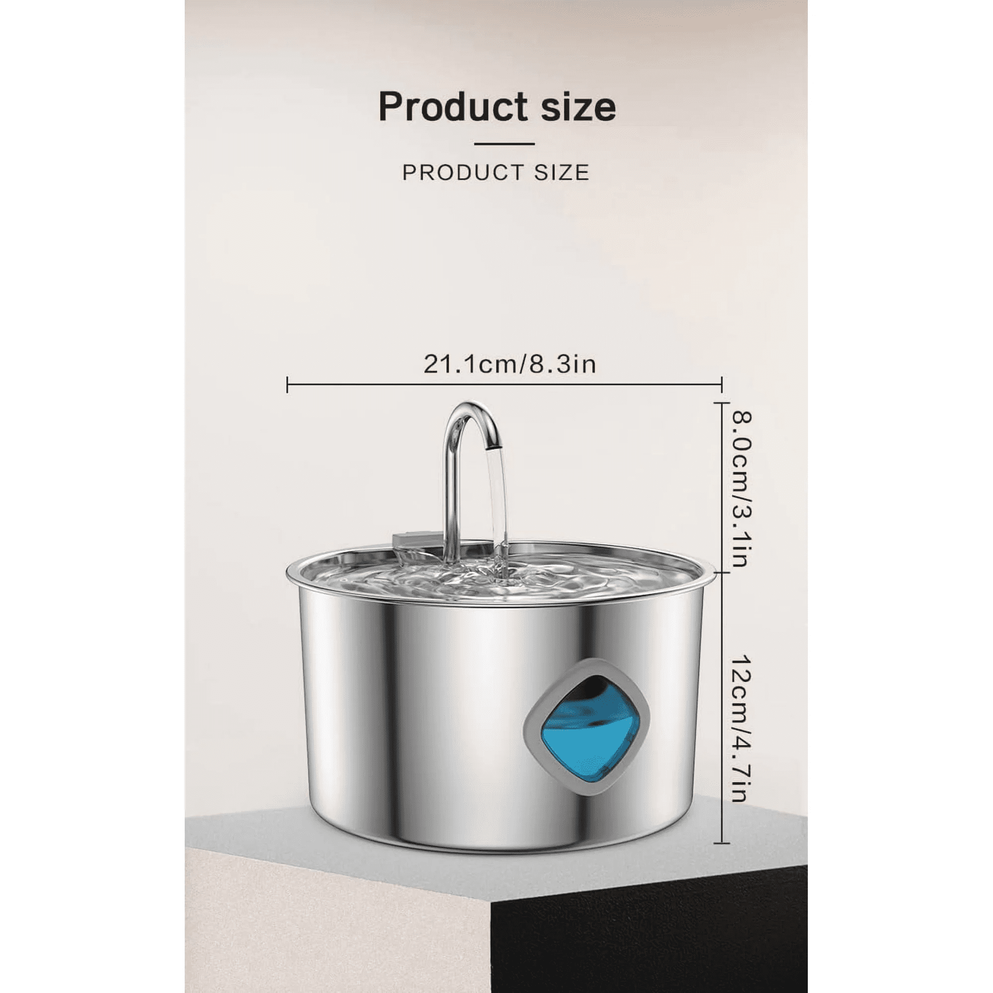 Pet Water Fountain (3.2L/108oz), Triple Filtration System, 304 Stainless Steel, with Water Level Indicator, Ultra-Quiet Automatic Circulation, Smart Pet Water Dispenser.