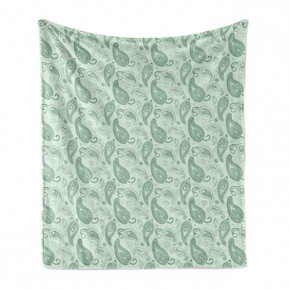 Paisley Soft Flannel Fleece Throw Blanket, Buta Effect Motif Bicolored Ethnic Composition Illustration Print, Cozy Plush for Indoor and Outdoor Use, 70" x 90", Mint Green Laurel Green, by Ambesonne