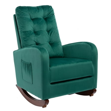 Lixada Upholstered Rocking Chair Comfortable Living Room Rocker Armchair with Solid Wood Base（Green)