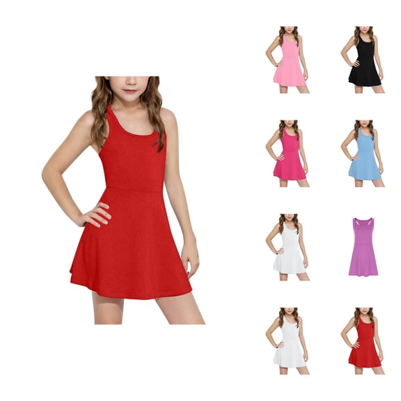 Girls Summer Casual Sleeveless Dress Solid Color Slim Fit Tennis Dress for Kids Girls Tennis Dress for School Sports Play Outdoor Gym Activity