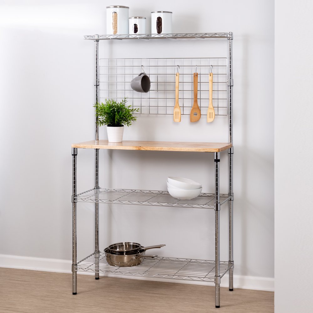 Honey Can Do 3Tier Urban Bakers Rack with Hanging Bar, Chrome/Natural