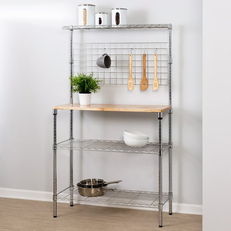 Honey Can Do 3-Tier Urban Bakers Rack with Hanging Bar, Chrome/Natural