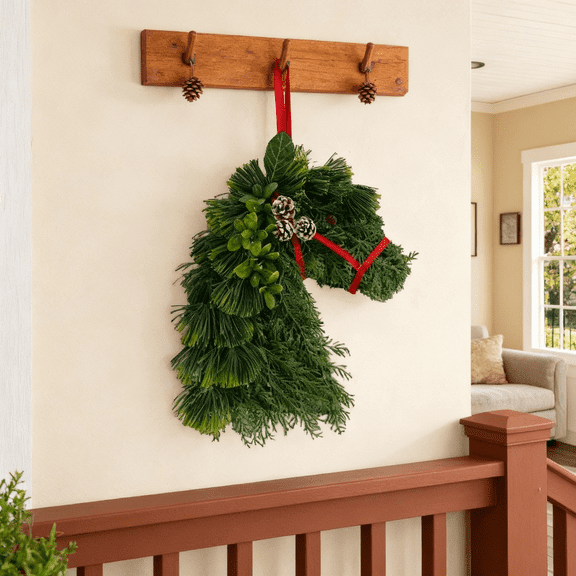 Handmade Horse Head Christmas Wreath – Rustic Farmhouse Equestrian Door Decor, Handcrafted Holiday Garland for Front Door, Porch & Entryway, Ideal Christmas Decoration