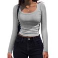 thumbnail image 1 of Women'S Long Sleeve Scoop Neck Shirts Casual Slim Fit Rib Knit Tops Summer Fall Basic Business Work Tee Light Gray S, 1 of 9