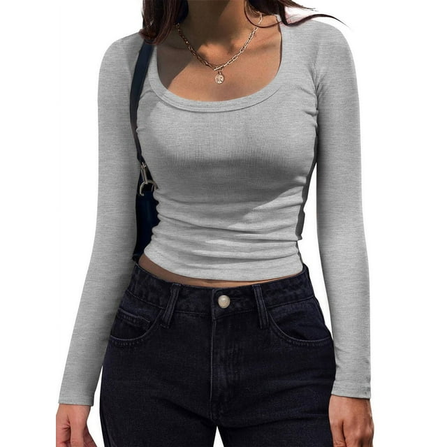 Women'S Long Sleeve Scoop Neck Shirts Casual Slim Fit Rib Knit Tops Summer Fall Basic Business Work Tee Light Gray L