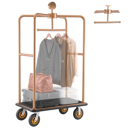 VEVOR Hotel Luggage Cart, 1200 lbs Heavy Duty Bellman Cart with Stainless Steel Frame, 8 in Rubber Wheels, Black Carpeted Deck, Commercial Luggage Carrier Rolling Trolley for Hotels,Resorts,Rose Gold