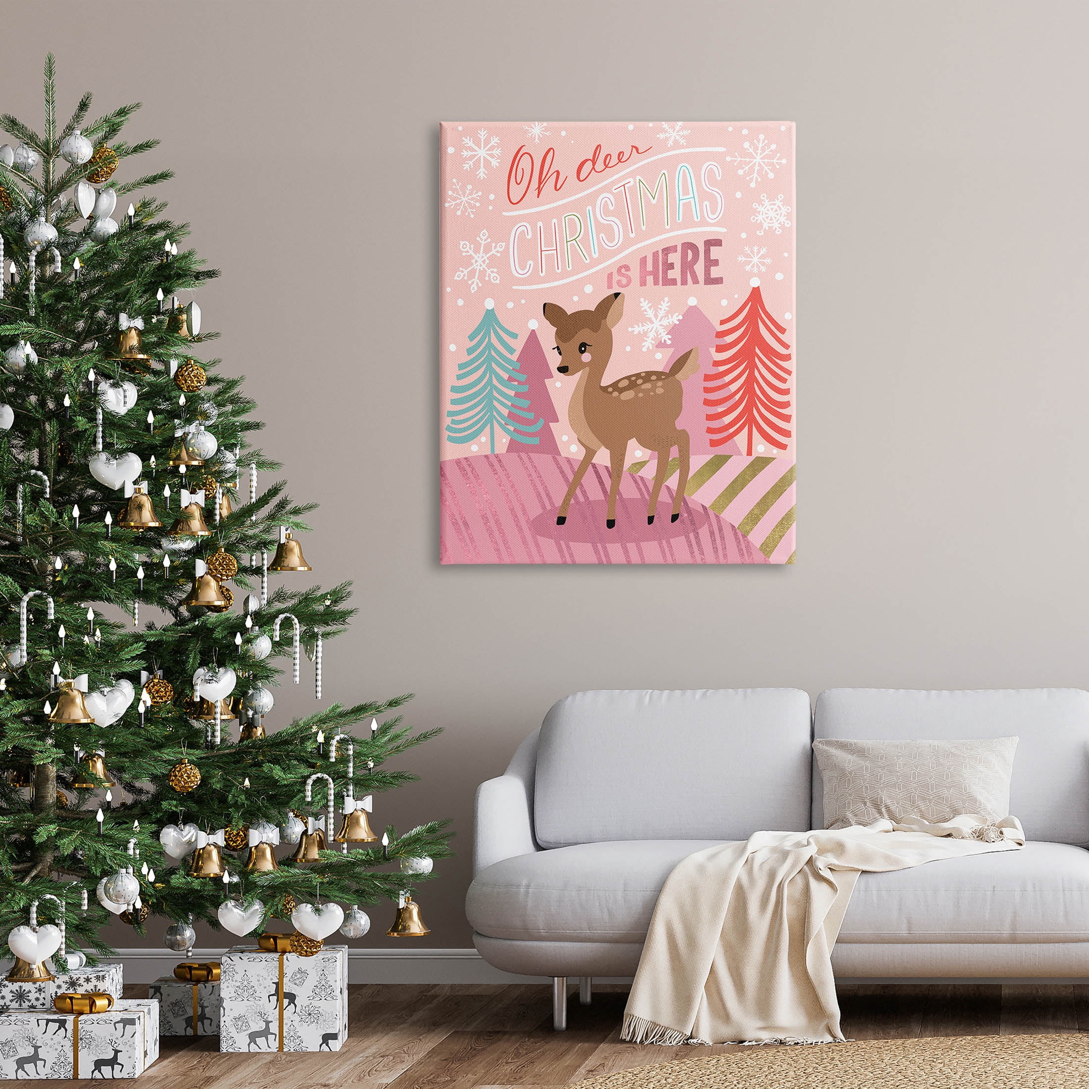 Oh Deer Christmas Is Here Phrase Holiday Graphic Art Gallery Wrapped Canvas Print Wall Art
