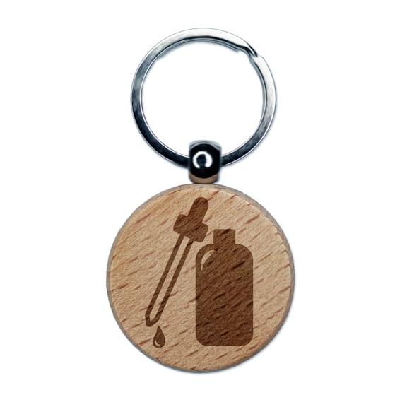 Dropper Bottle Round Keychain Charm Tag - Engraved Wood