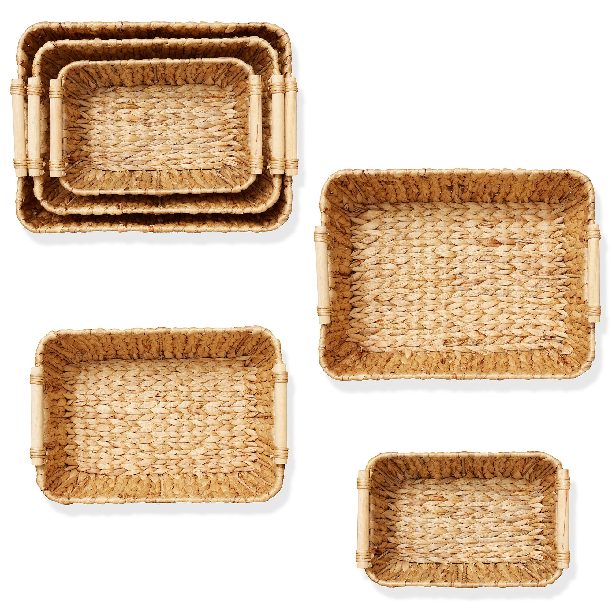 Casafield (Set of 3) Water Hyacinth Oval Storage Baskets with Wooden Handles - Small, Medium, and Large Woven Nesting Baskets