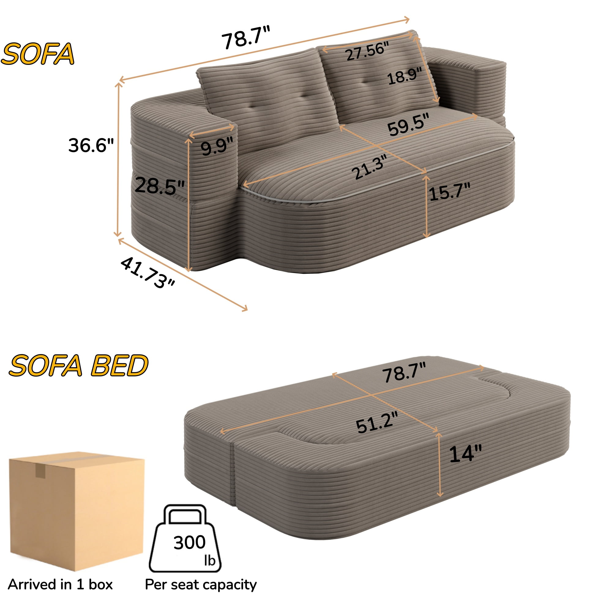 NeoKo 78" Full Size Floor Sofa, Folding Queen Sleeper Couch, Futon Loveseat Sofa, Corduroy Boneless Loveseat Couch, Fold Mattress Bed for Living Room, Guest Use, Office, Apartment, Coffee