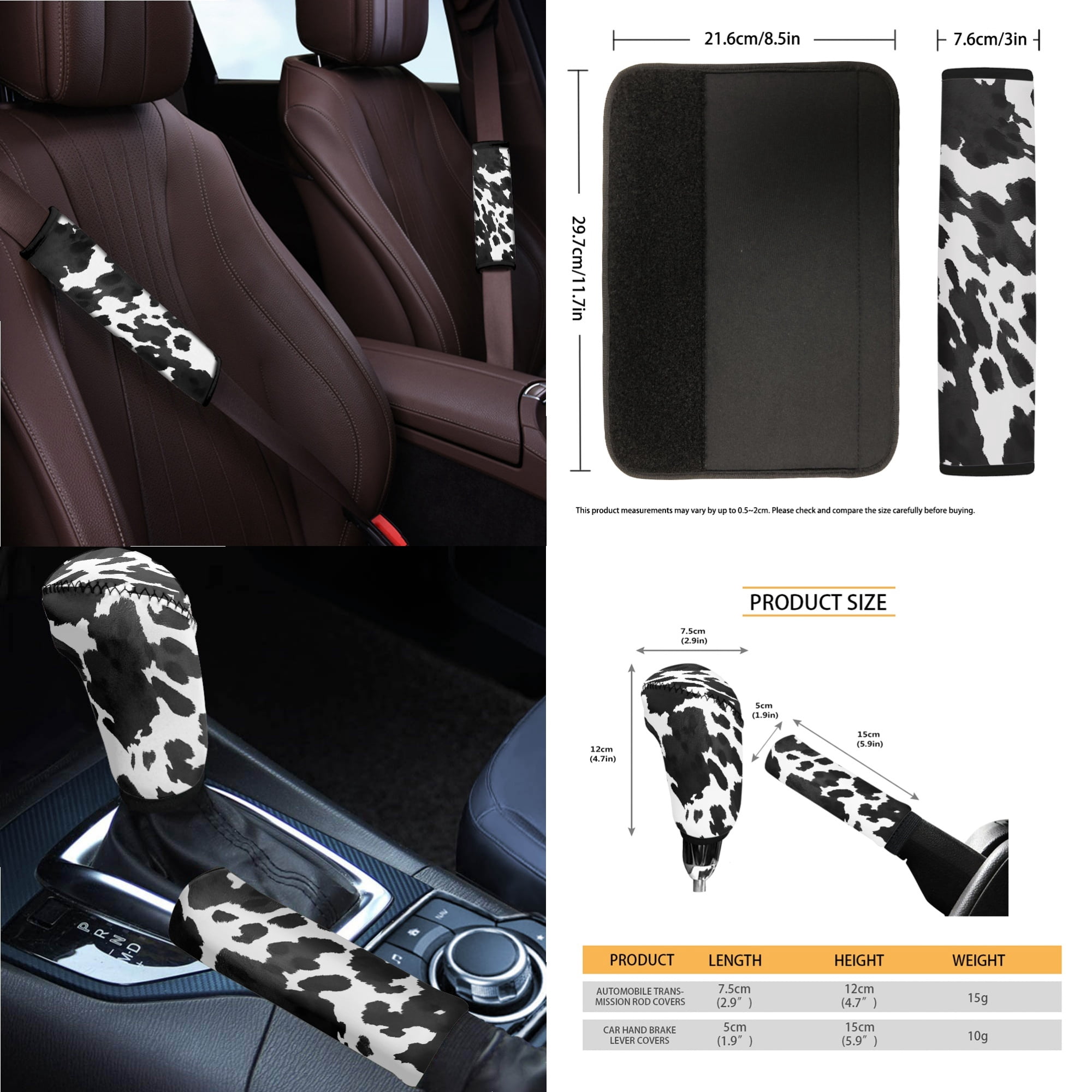 Renewold Black White Cow Print Car Seat Cover Full Set 14 PCS, with Steering Wheel Cover Seat Belt Pad Garbage Bin Armrest Pad Rearview Mirror Handbrake Cover Set Coaster Fit Most Vehicles