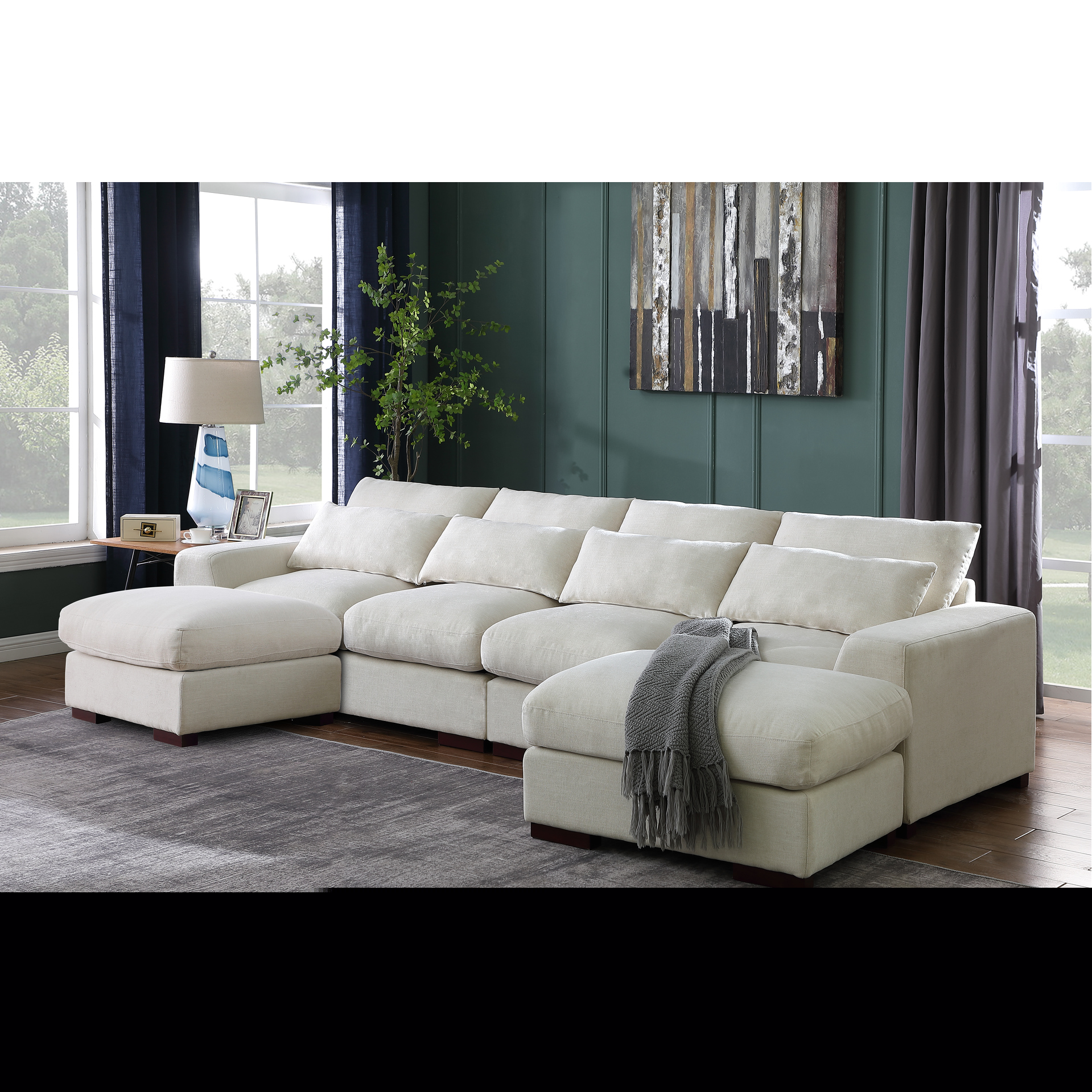 Modular Linen Blend Sectional With Ottomans - Functional And Stylish 2 Soft Cushions