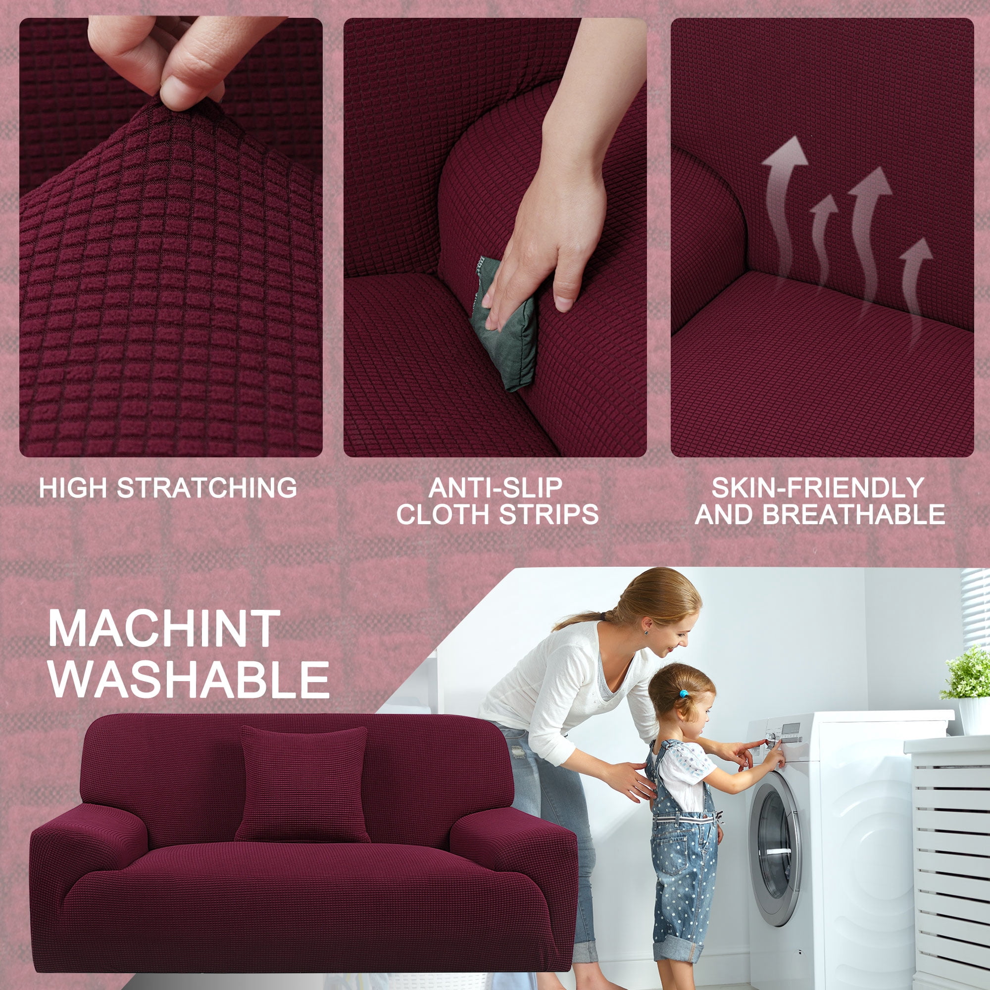 PiccoCasa Jacquard Sofa Covers Strech Thick Couch Slipcover, Burgundy 2 Seater (53" - 67")
