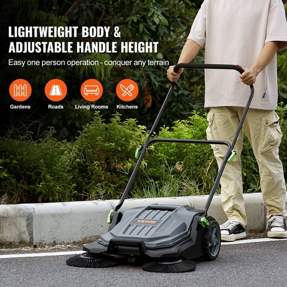 25.6" Walk-Behind Hand Push Floor Sweeper - Manual Non-Electric with 5-Gallon Waste Container Adjustable Foldable Handle for Walkway Yard Garage Patio