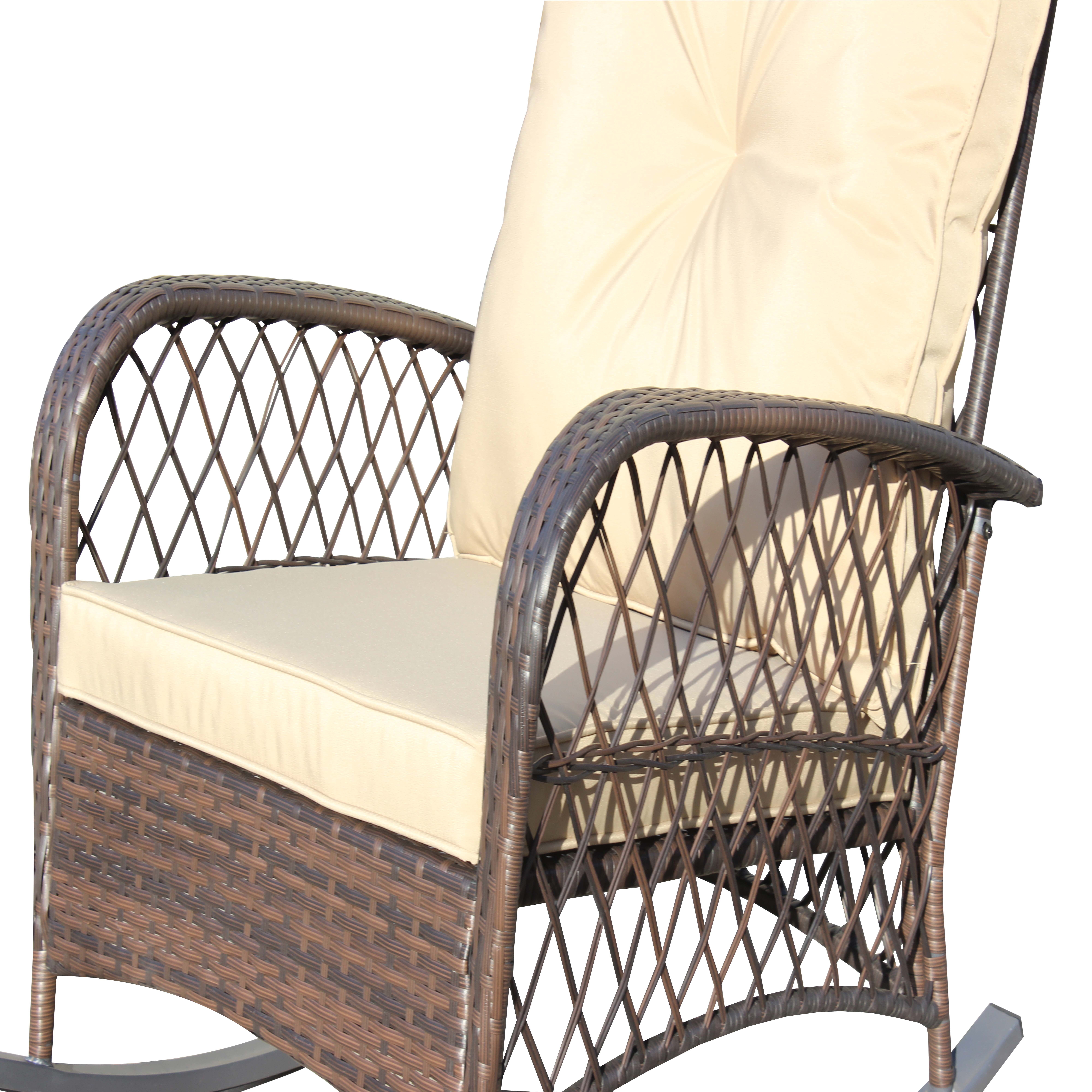 Wicker Outdoor Rocking Chair, Wide Seat Thick Cushion Steel Frame Rattan Rocker for Patio Garden Backyard Relax Area, Shallow Brown