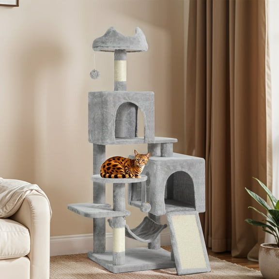 Uforic 54in Cat Tree Tower, Multi-Level Cat Condos, with Scratch Posts, Plush Top Perches, Hammock, Pet Play House, Light Gray
