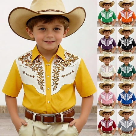 Boys Shirts Short Sleeve Lapel Collar Button Down Tops Vintage Denim Print Summer Stylish Casual Kids Shirts Size 13-14Y