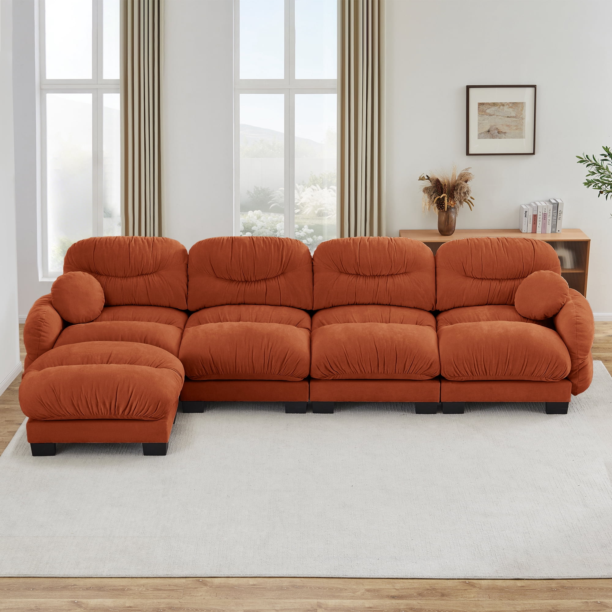 150" 4 Seater Sectional Couch Cozy Chenille Modular Sofa with Ottoman and 2 Throw Pillows