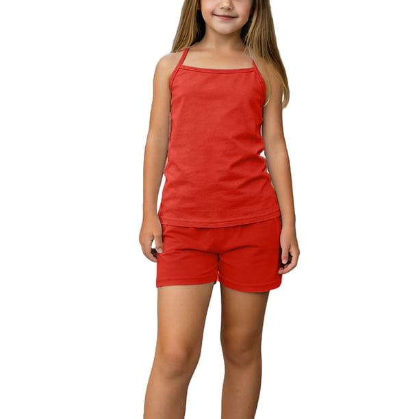 Conjuntos de camiseta sin mangas de cuello redondo para niños, camiseta sin mangas con tirantes finos y pantalones cortos, conjunto de dos piezas para el hogar para niñas, top de poliéster