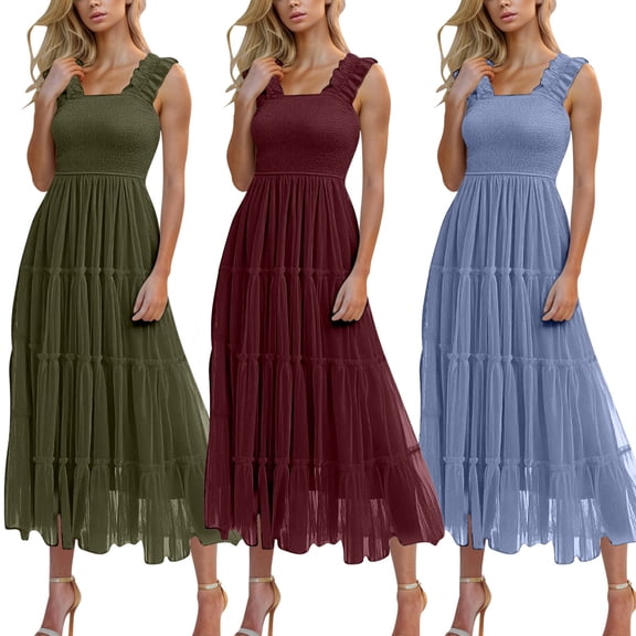 TAGOLD Womens Sleeveless Neck Dress Solid Color Mid Calf Light Fabric Summer Casual Wear
