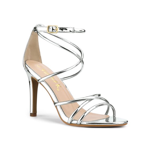 BLISSFUL STEP Women's Open Toe Strappy Straps Prom Stiletto Heels Sandals Silver 7