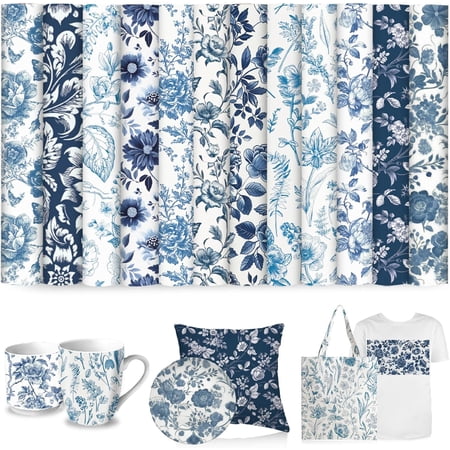 12 Sheets Blue Floral Heat Transfer Vinyl Watercolor Flower HTV Iron on Vinyl Vintage Chinoiserie Adhesive Vinyls for Clothing Costume DIY Fabric Crafts, 12 x 10 Inch