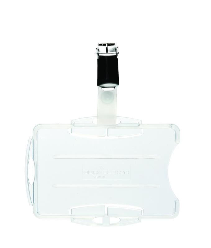 DURABLE Open Face style ID Badge Holders for Two Badges with Strap Clip, Horizontal Or Vertical Orientation, 2-3/4" x 3-5/8", Clear, Pack of 25 (821819)