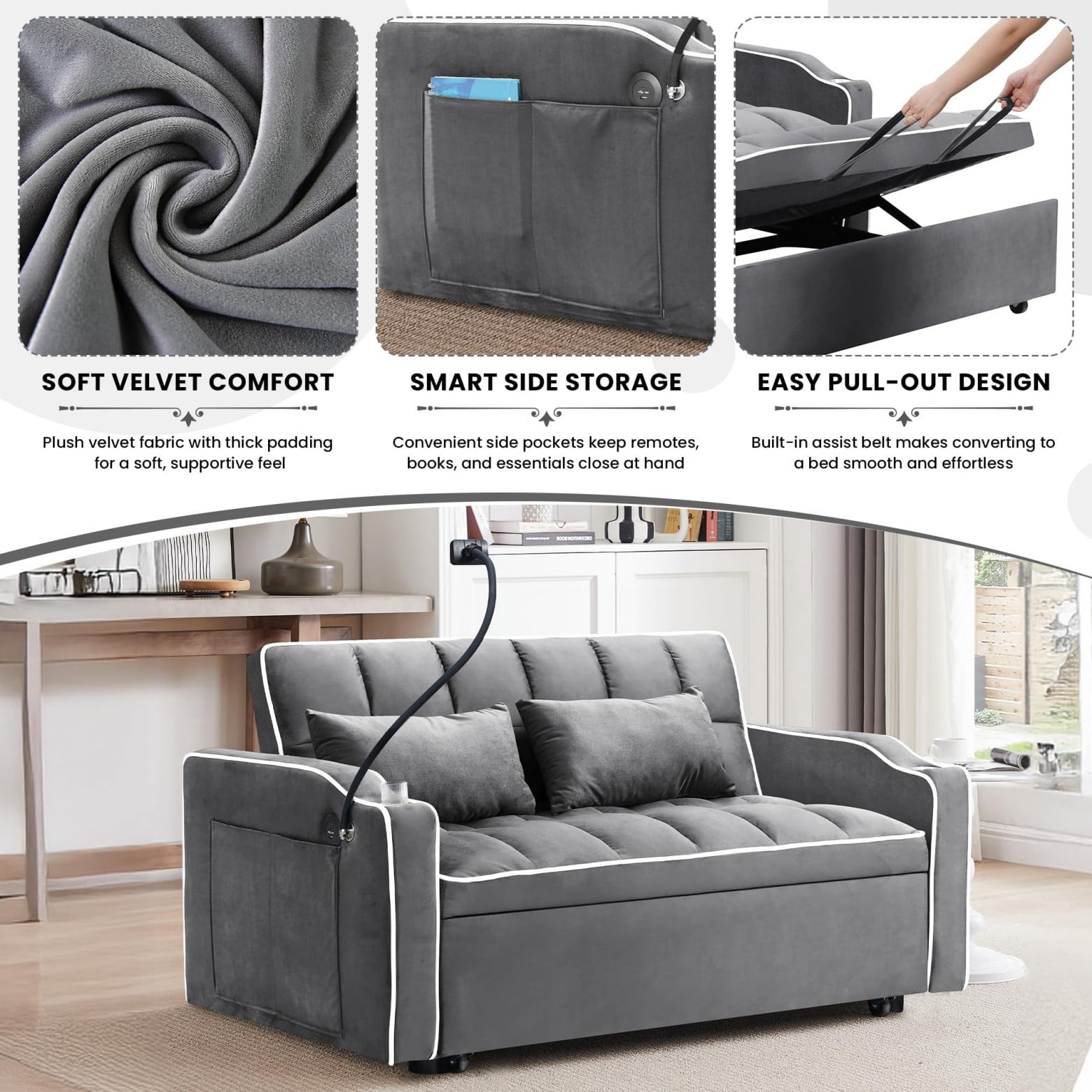 55" 3 in 1 Convertible Sofa Bed with Phone Holder, Loveseat Couch with Pull Out Bed, Space-Saving Apartment Sofa, Dark Gray