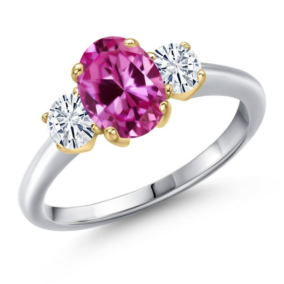 Gem Stone King 925 Silver and 10K Yellow Gold Pink Created Sapphire and White Moissanite Engagement Ring for Women | 2.11 Cttw | Oval 8X6MM | Gemstone September Birthstone | Size 9