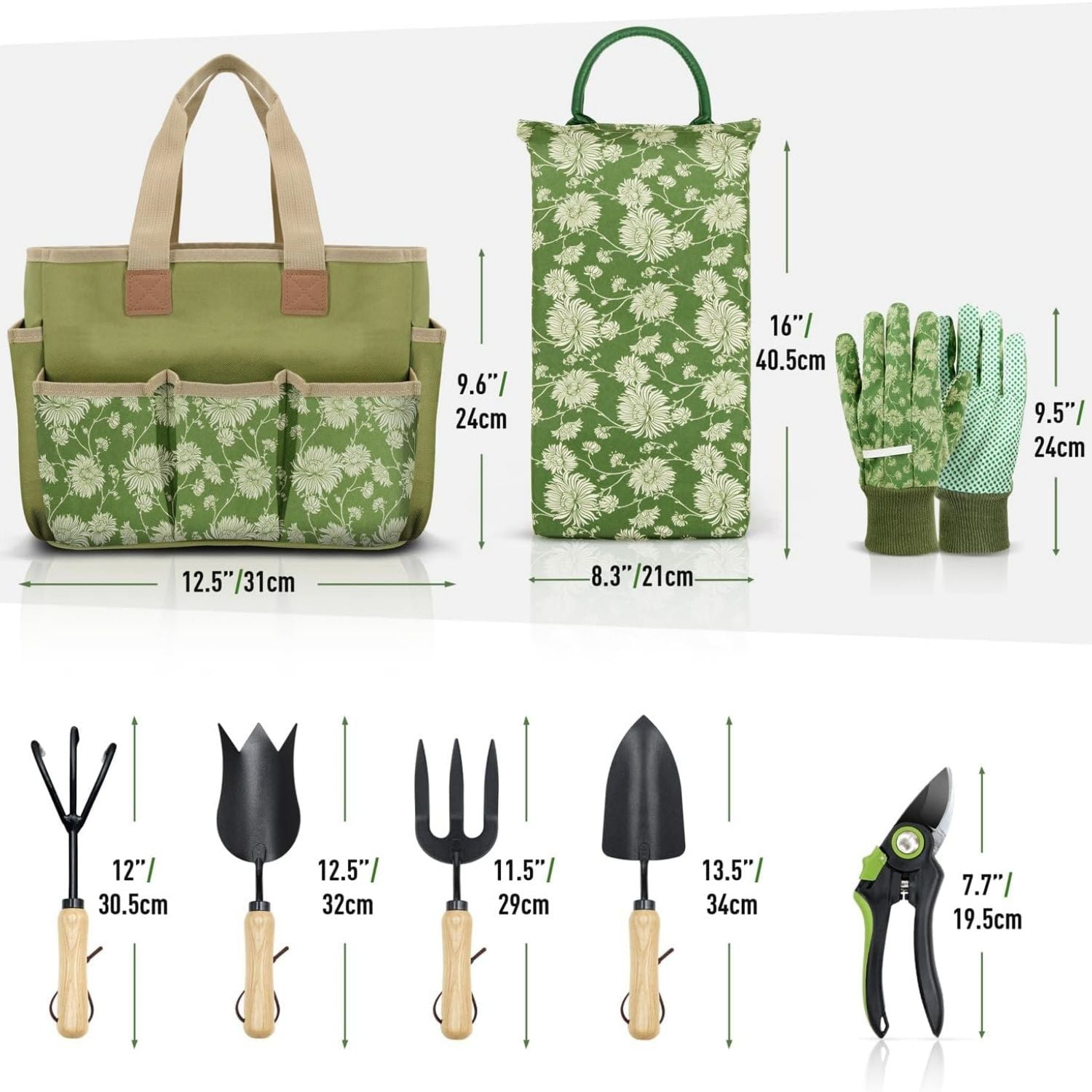 Garden Tools Set 8 Piece Heavy Duty Gardening Tools with Wooden Handle Including Garden Tote Kneeling Pad Gloves Pruner Trowel Tulip Trowel Cultivator - Gardening Gifts for Women Men