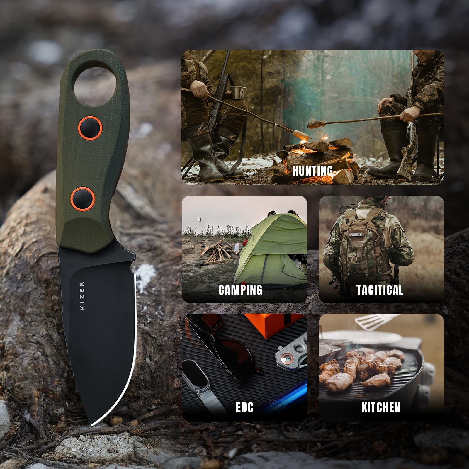 Kizer Beaver D2 Steel Fixed Blade Hunting Knife, 2.75 inch, Olive Green G10 Handle, Survival EDC