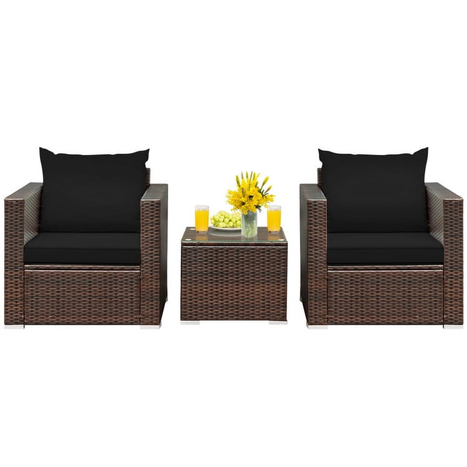 GVN 3 Pcs Patio Conversation Rattan Furniture Set, Patio Outdoor Furniture Conversation Sets with Coffee Table and Cushions-Black