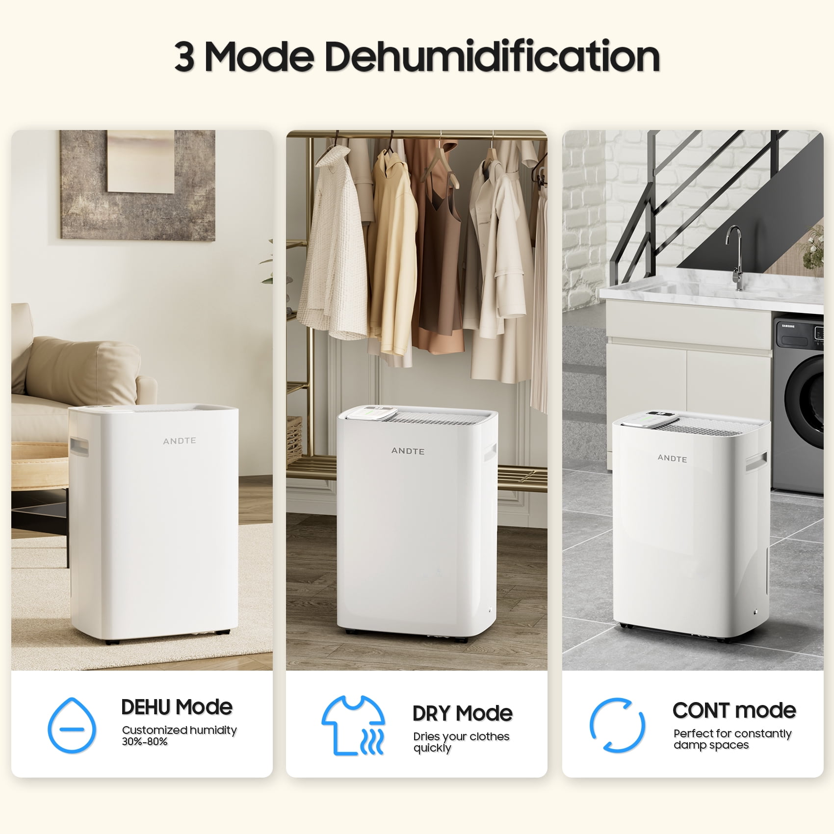 ANDTE 50 Pints Dehumidifier for Home and Basement, Covers up to 1,200 sq. ft, Quiet Portable Dehumidifier with 0.58 Gallon Tank